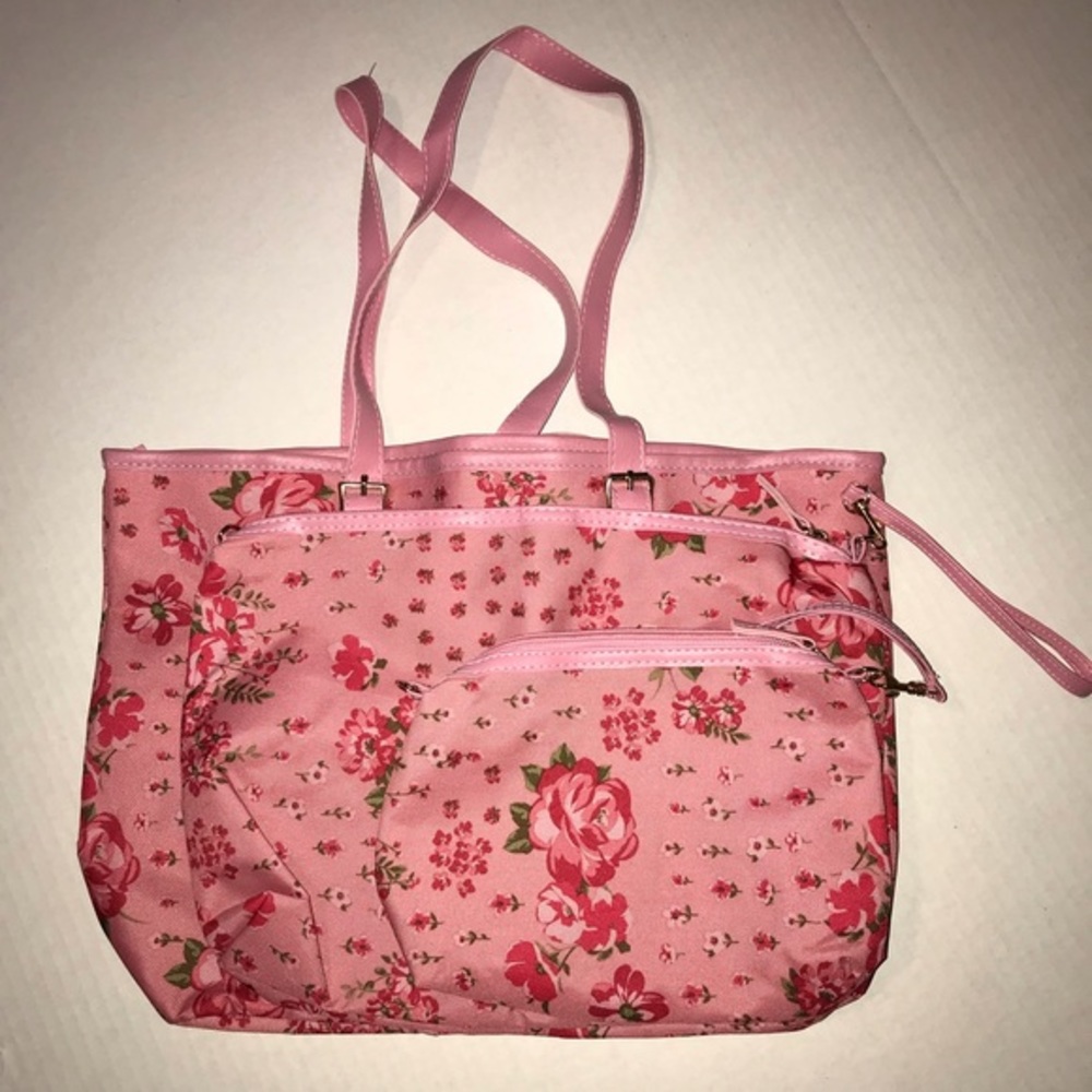 Pink Floral Tote with Makeup Pouch and Coin Pouch New‎ without Tags